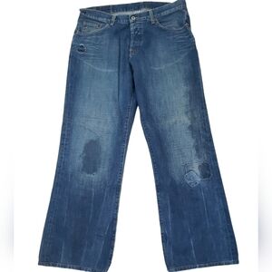 Lucky Brand~Men’s Size 36×30~Blue Denim Slim Bootleg Dungaress Jeans Distressed